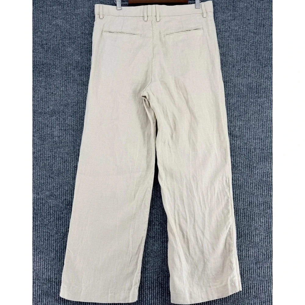 H&M women's 100%‎ linen wide leg trousers cream pleated loose fit size 34 summer